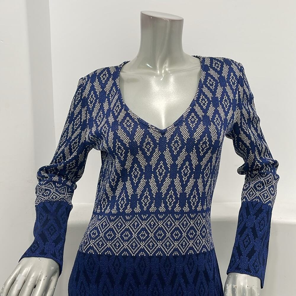 St. John Evening Diamond Jacquard Knit Maxi Dress Navy Blue Silver Long Sleeve 4 - Picture 9 of 14